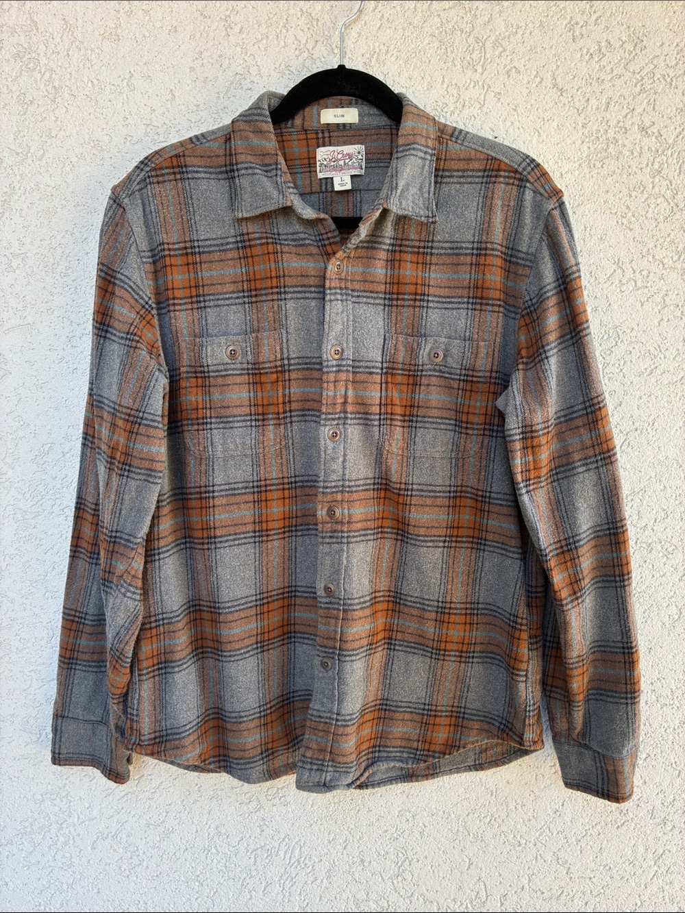 J Crew Reimagined grey & rusty orange plaid flannel button up slimfit